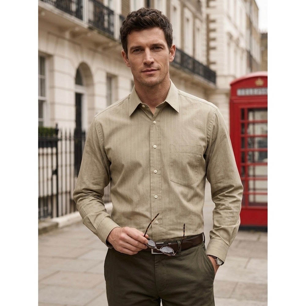 Burberry London Mens Tan Khaki Pinstripe Cotton Button Down Dress Shirt 16 33